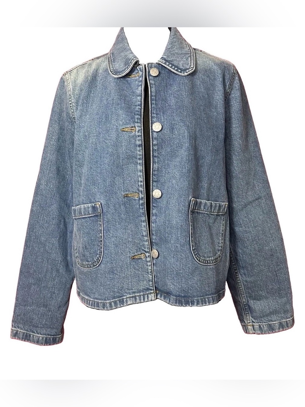 J.Crew Blue Denim Jacket rounded peter pan collar front patch pockets M Cotton